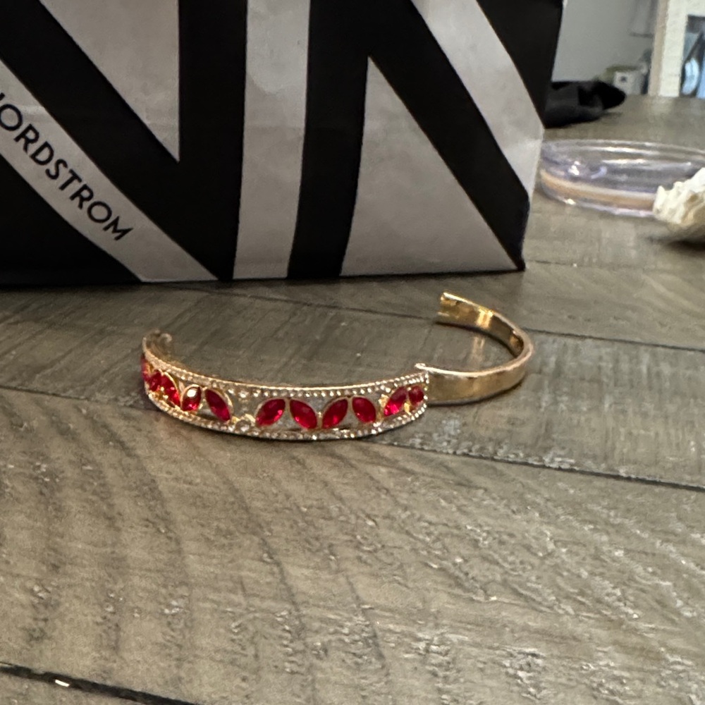 Statement Cuff Bracelet Red Stones + Crystal Trim Gold